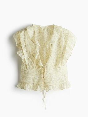 H&M Pale Yellow Floral Ruffle Tie-Front Blouse